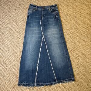Vtg Mudd Long Y2K Frayed Raw Bottom‎ Hem Women's Blue Denim Jeans Skirt 90s Sz 0